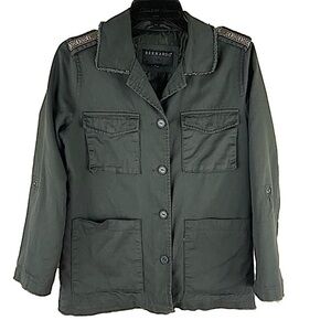 Military Jacket Charcoal Gray Raw Edge Lined Aztec Ribbon Epaulettes by Bernardo